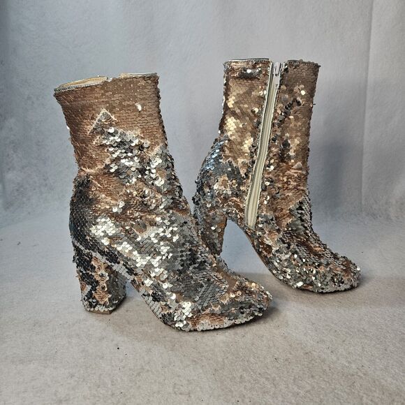 XYD Rose Gold & Silver Sequin Boots Almond Toe Chunk Block Heel Sz 7 - Picture 2 of 5